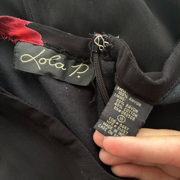 Vintage 90s Lola P Midi Dress Black Rose‎ Dark Floral Romantic Grunge Size 10 - Picture 7 of 7